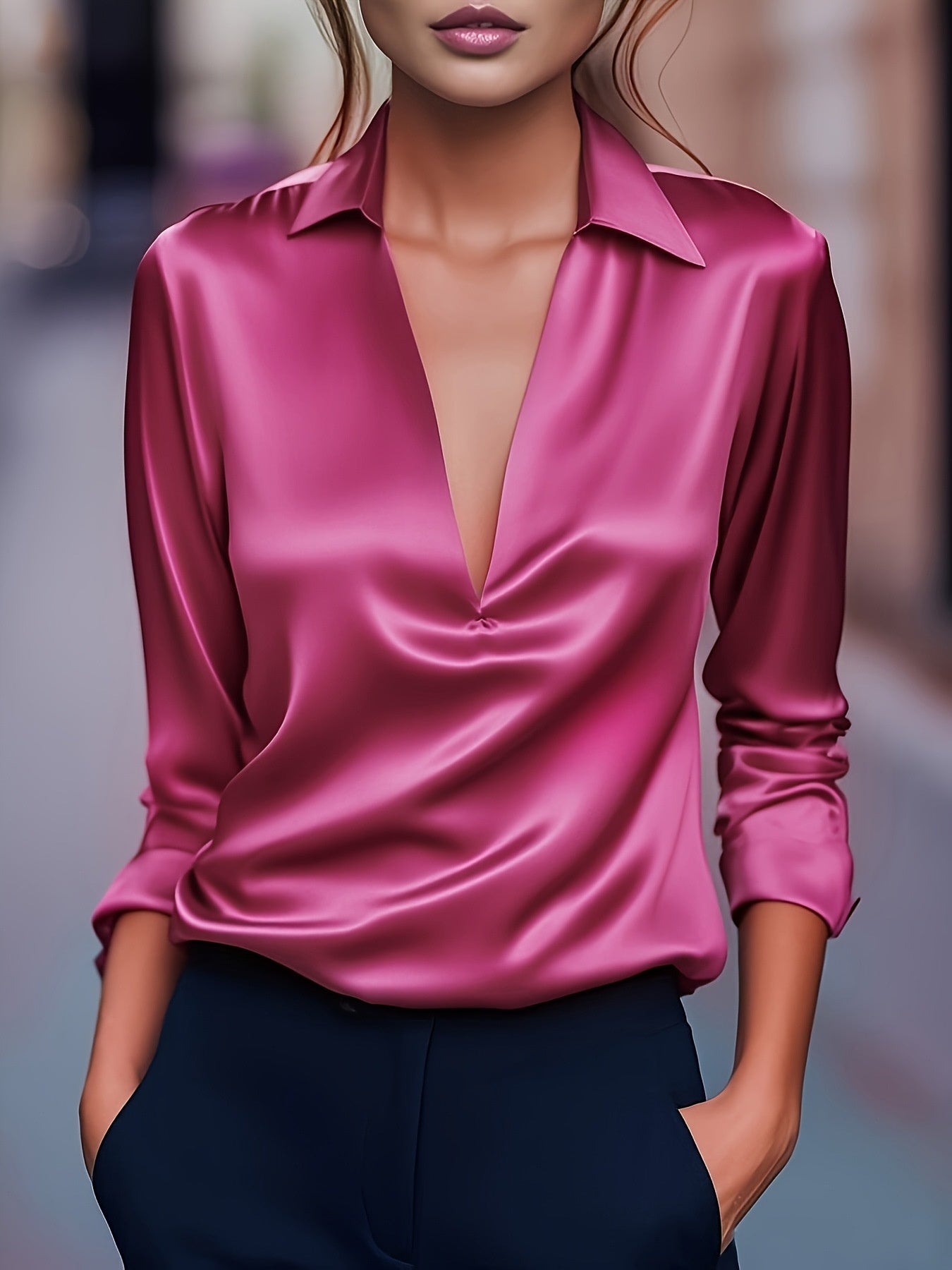 Océlysse - Elegante und Vielseitige Bluse mit Satin-Effekt und V-Ausschnitt für Frauen