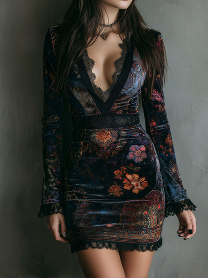 Bavelle - Mini-Kleid aus Velours mit Boho-Blumenmuster, V-Ausschnitt und Spitzenbesatz