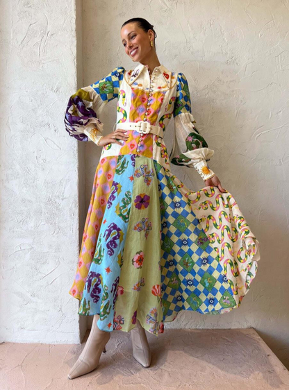 Boho-Maxikleid mit kunstvollem Print für Damen – Elegantes Hemdblusenkleid mit Bindegürtel