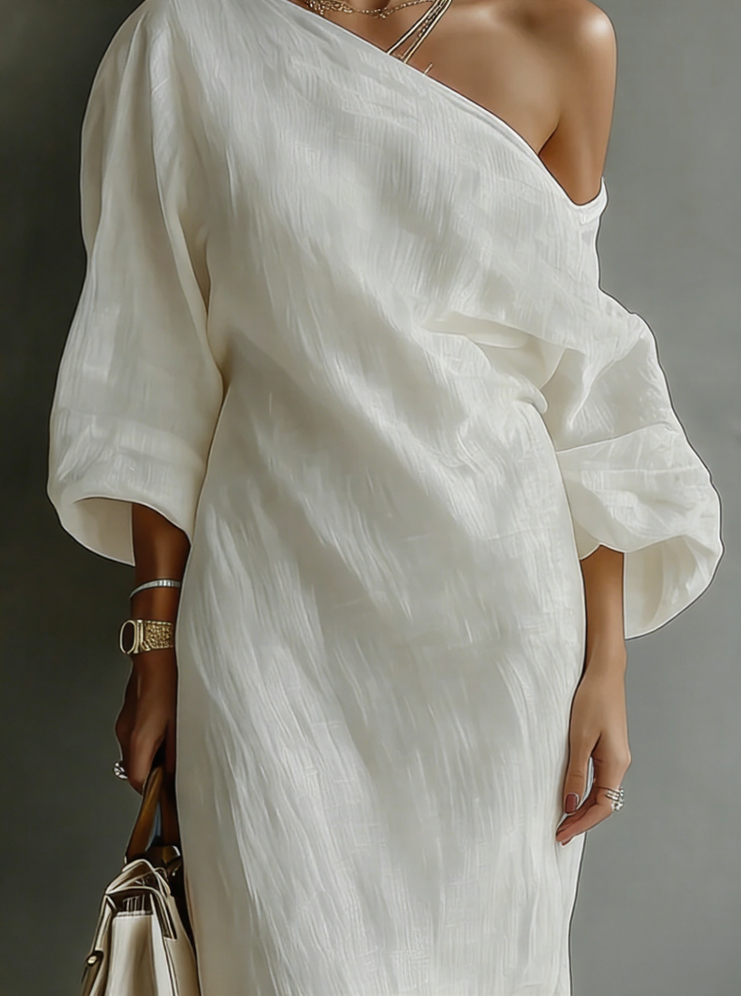 Sabine - Maxikleid Elfenbein mit einem Träger aus Baumwoll-Leinen