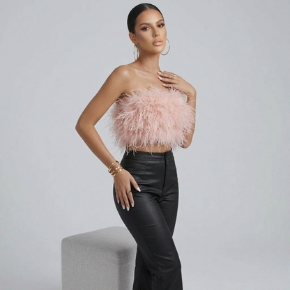 Elegantes Bandeau Feder-Top für Damen – Glamouröses Crop Top trägerlos & Statement-Look