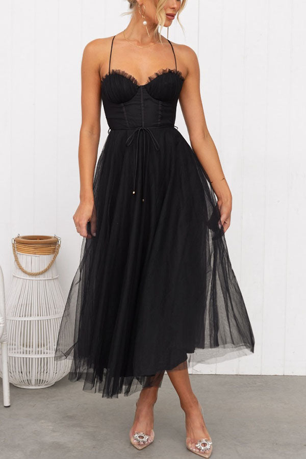 Aurélina - Midi Sommerkleid mit Korsett für Frauen, Tüllrock und Spaghetti-Träger