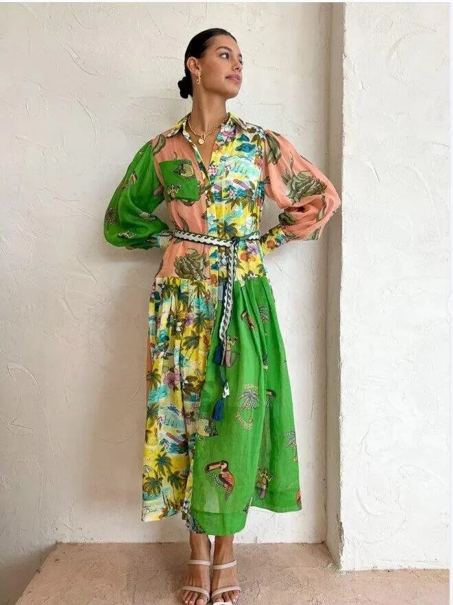 Boho-Maxikleid mit kunstvollem Print für Damen – Elegantes Hemdblusenkleid mit Bindegürtel