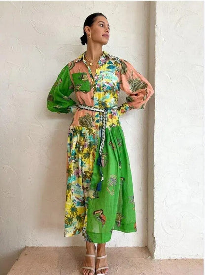 Boho-Maxikleid mit kunstvollem Print für Damen – Elegantes Hemdblusenkleid mit Bindegürtel