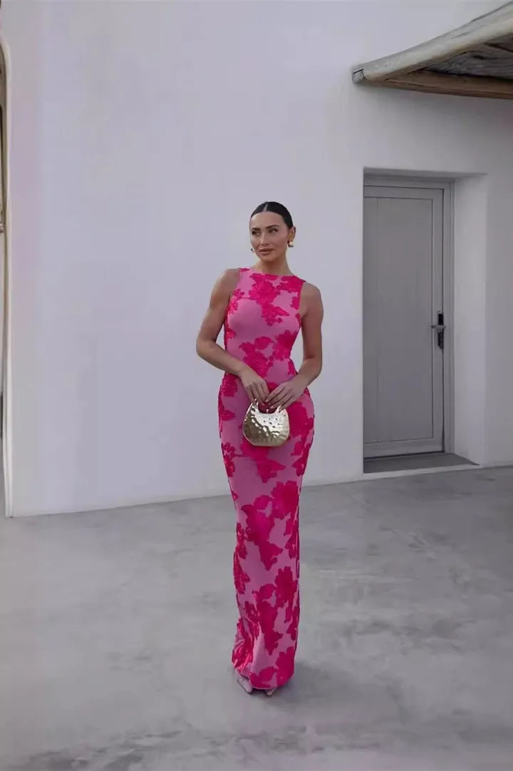 Élanora - Maxikleid Rosa Barbara mit hohem Kragen, ohne Ärmel, Blumenapplikationen und Strick