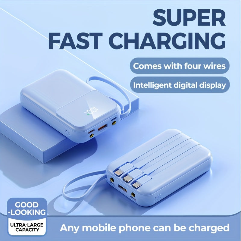Kompakte 10000mAh Powerbank mit 4 integrierten Kabeln – Schnellladegerät mit Digitalanzeige