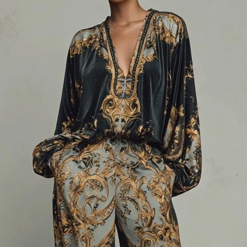 Bélisande - Lässiges Ensemble mit Retro-Barockdruck und tiefem V-Ausschnitt