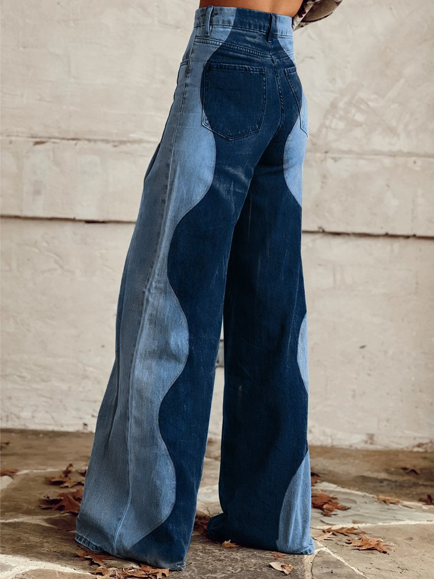 High Waist Wide Leg Jeans mit Farbkontrast – Modische Patchwork Denim Hose für Damen