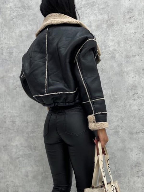 Aubrée - Elegante und Feminine Frühlingsjacke aus Kunstleder mit Plüschfutter, Reißverschlusstaschen und Kragen
