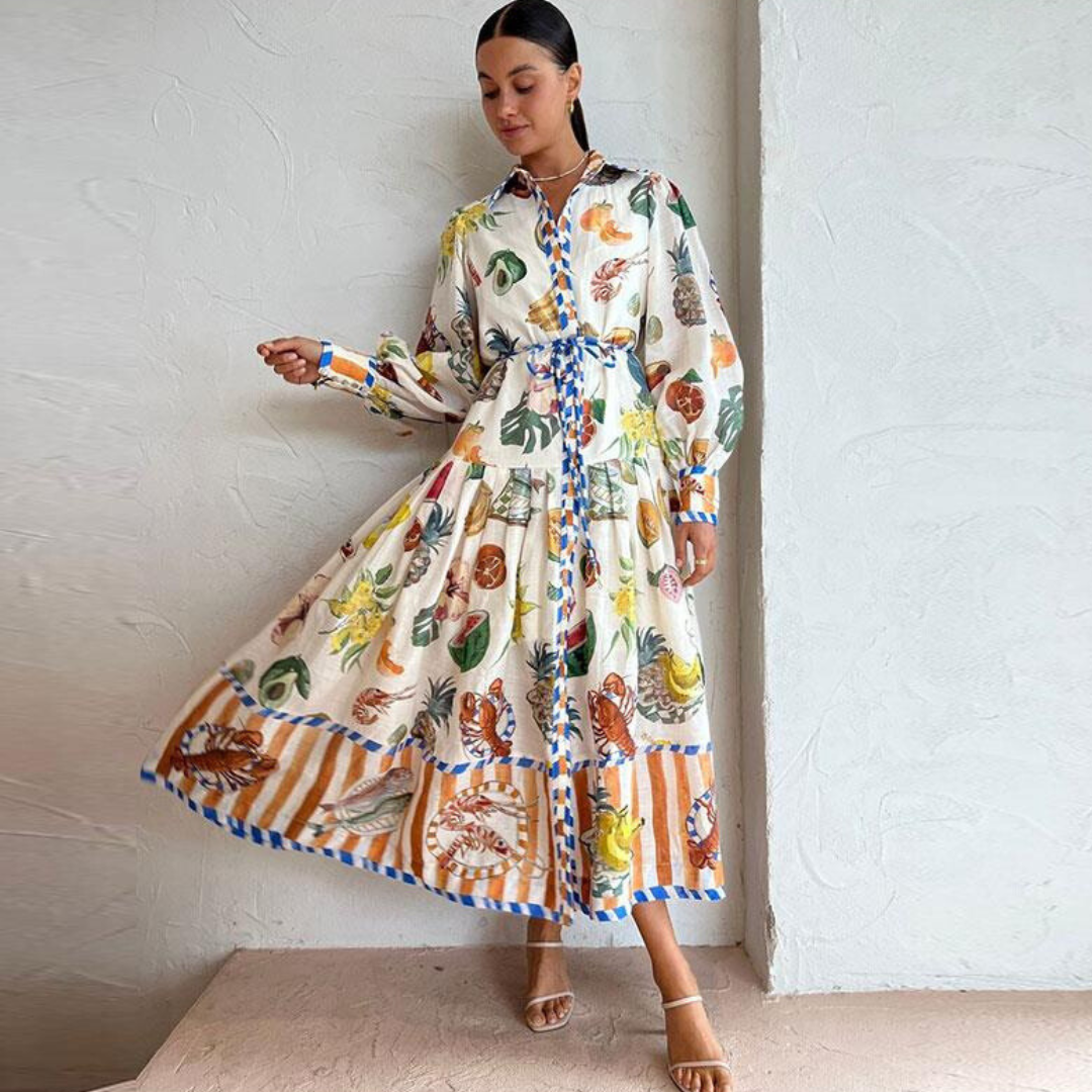 Boho-Maxikleid mit kunstvollem Print für Damen – Elegantes Hemdblusenkleid mit Bindegürtel