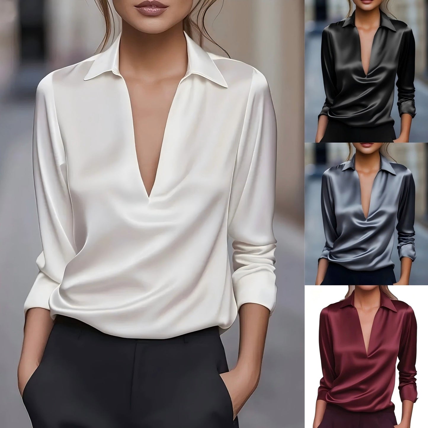 Océlysse - Elegante und Vielseitige Bluse mit Satin-Effekt und V-Ausschnitt für Frauen
