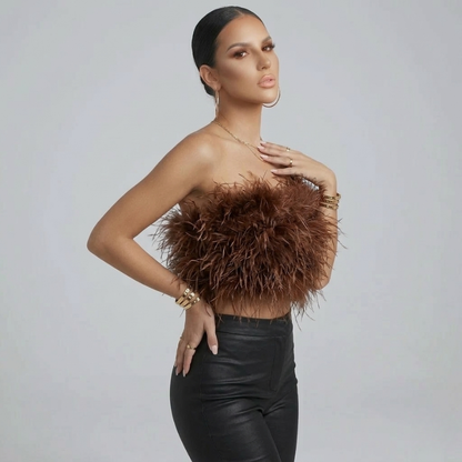 Elegantes Bandeau Feder-Top für Damen – Glamouröses Crop Top trägerlos & Statement-Look