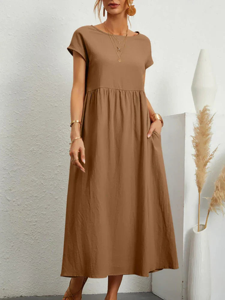 Éloris - Elegantes, Bequemes und Leichtes Kleid für den Frühling und Sommer, mit 3/4-Ärmeln und Rundhalsausschnitt, in Uni-Farbe