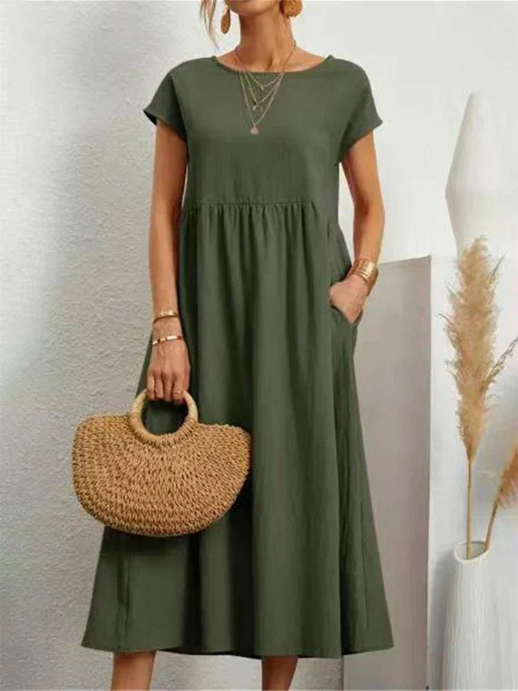 Éloris - Elegantes, Bequemes und Leichtes Kleid für den Frühling und Sommer, mit 3/4-Ärmeln und Rundhalsausschnitt, in Uni-Farbe