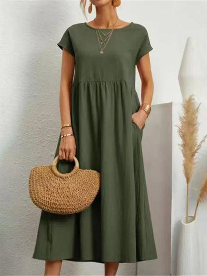 Éloris - Elegantes, Bequemes und Leichtes Kleid für den Frühling und Sommer, mit 3/4-Ärmeln und Rundhalsausschnitt, in Uni-Farbe