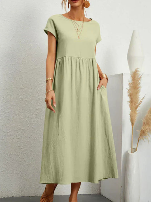 Éloris - Elegantes, Bequemes und Leichtes Kleid für den Frühling und Sommer, mit 3/4-Ärmeln und Rundhalsausschnitt, in Uni-Farbe