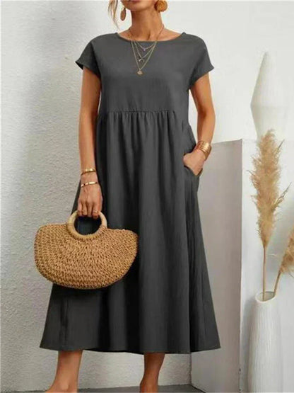 Éloris - Elegantes, Bequemes und Leichtes Kleid für den Frühling und Sommer, mit 3/4-Ärmeln und Rundhalsausschnitt, in Uni-Farbe