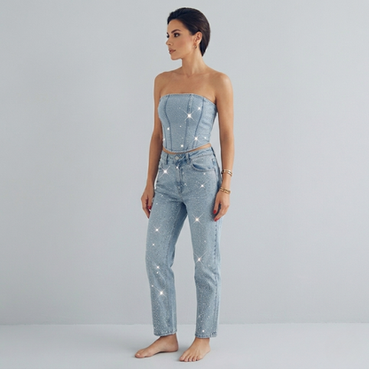 Glitzerndes Denim Zweiteiler Set mit Strass-Corsage & Jeans für Damen – Trendy Party-Look & Figurbetont