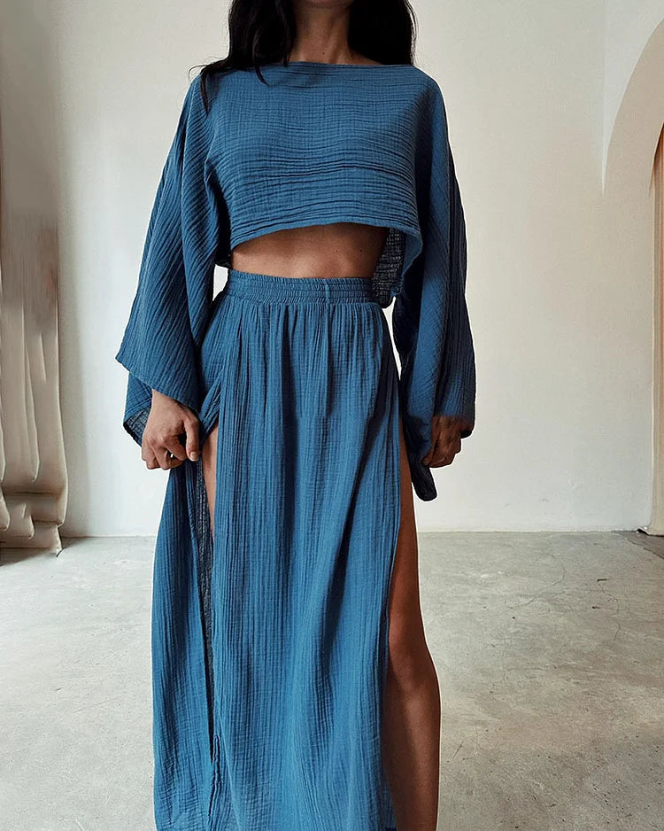 Alizenne - Leichtes und Elegantes Sommerensemble aus Leinen für den Urlaub, bestehend aus einem Langarm-Crop-Top mit weitem Schnitt und einem Maxi-Rock mit doppeltem seitlichen Schlitz