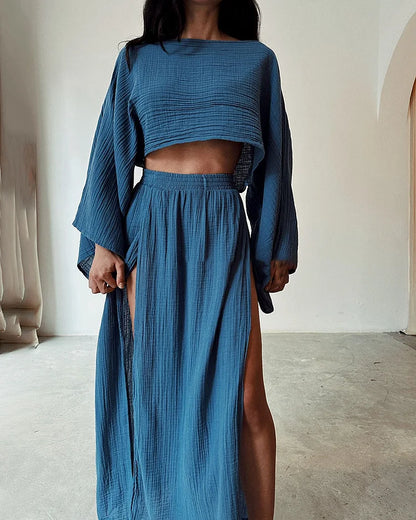 Alizenne - Leichtes und Elegantes Sommerensemble aus Leinen für den Urlaub, bestehend aus einem Langarm-Crop-Top mit weitem Schnitt und einem Maxi-Rock mit doppeltem seitlichen Schlitz