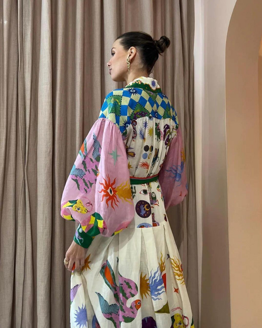 Boho-Maxikleid mit kunstvollem Print für Damen – Elegantes Hemdblusenkleid mit Bindegürtel