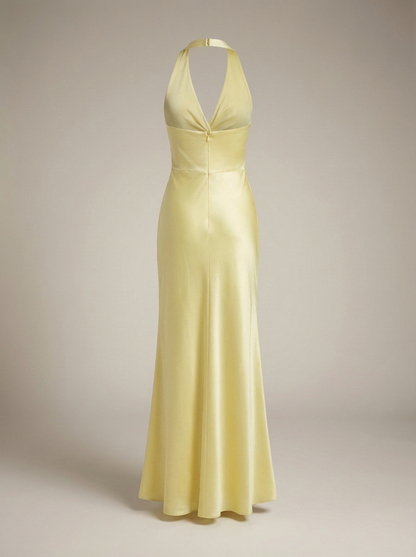 Elegantes Neckholder-Maxikleid für Damen – Satin Abendkleid mit Twist-Detail & fließender Silhouette