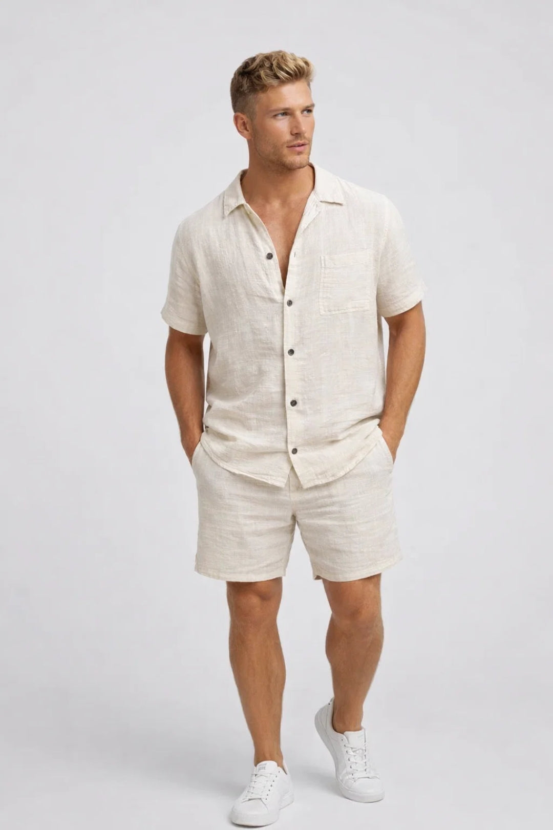 Lässiges Leinen Set mit Kurzarmhemd für Herren – Atmungsaktives zweiteiliges Sommer Outfit