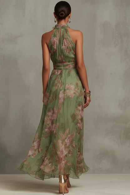 Florales Maxikleid für Damen – Elegantes Halterneck Kleid mit Taillengürtel