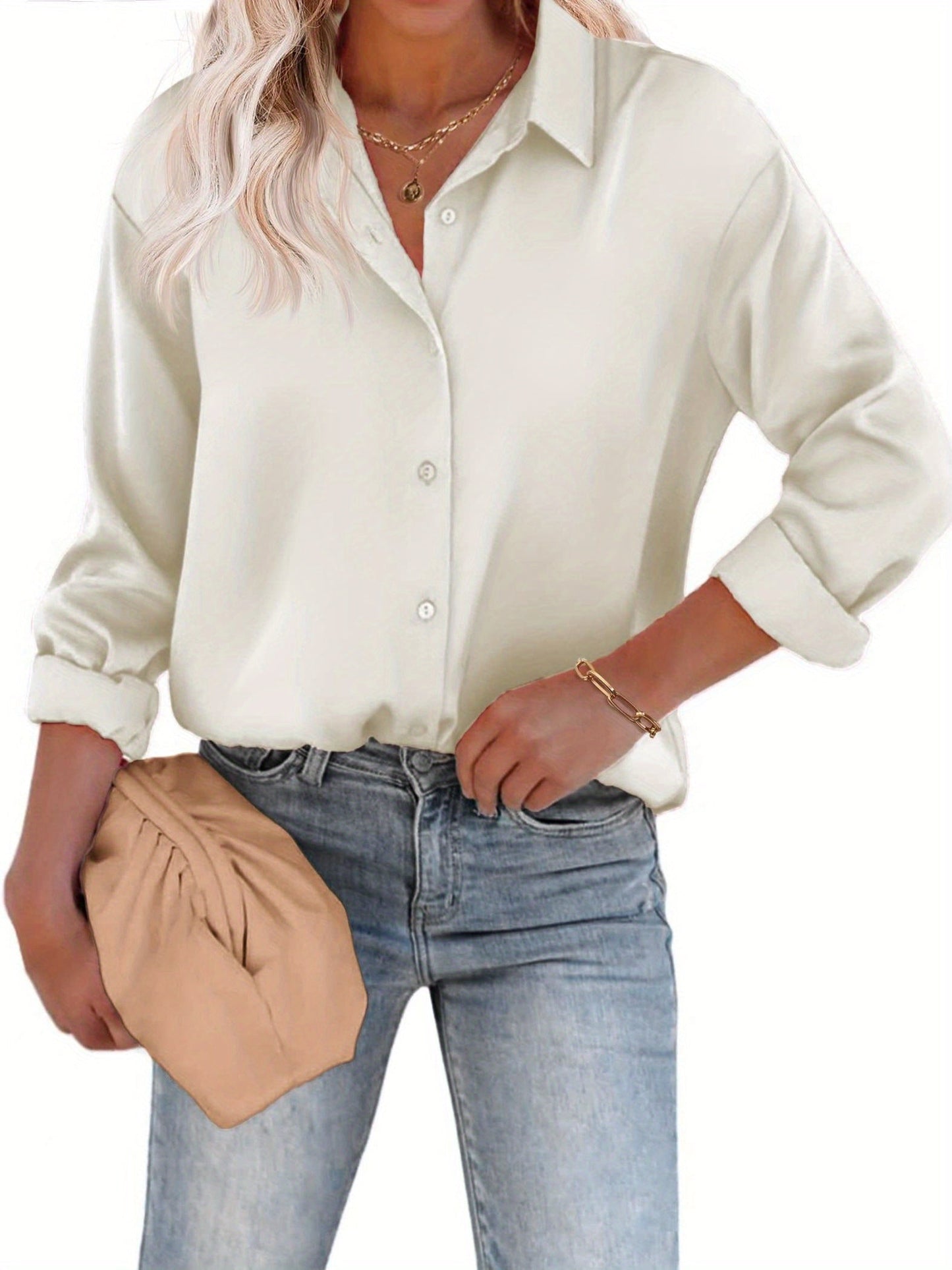 Amélina - Legere Bluse aus Farbensatin mit Knopfleiste und langen Ärmeln