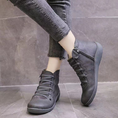 Orthopädische Leder Stiefeletten für Damen – Bequeme Schnürboots mit Reißverschluss & Breiter Zehenbox
