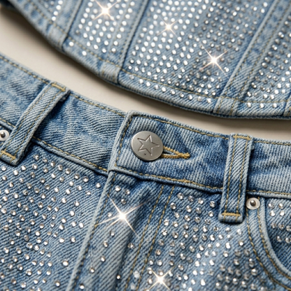 Glitzerndes Denim Zweiteiler Set mit Strass-Corsage & Jeans für Damen – Trendy Party-Look & Figurbetont