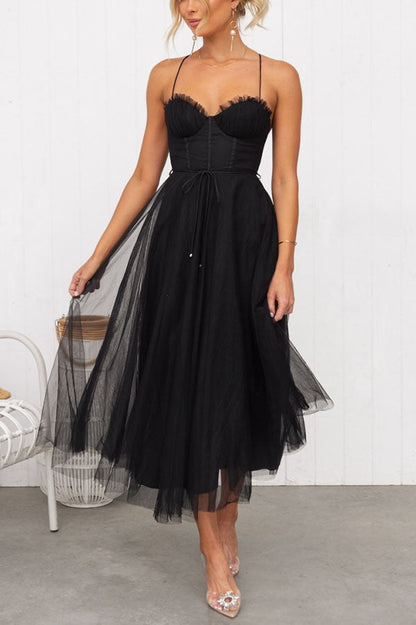 Aurélina - Midi Sommerkleid mit Korsett für Frauen, Tüllrock und Spaghetti-Träger