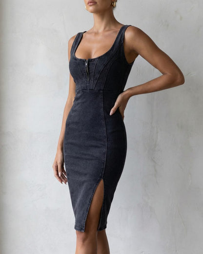 Figurbetontes Denim Midikleid mit Reißverschluss – Modernes Bodycon Kleid für Damen