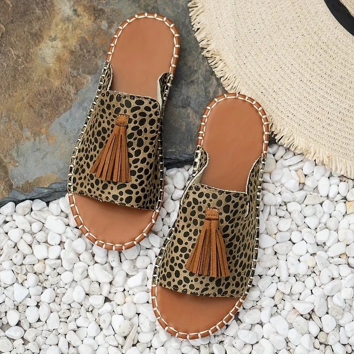 Boho Quasten Sandalen für Damen – Bequeme Sommer Pantoletten mit Ethno-Print