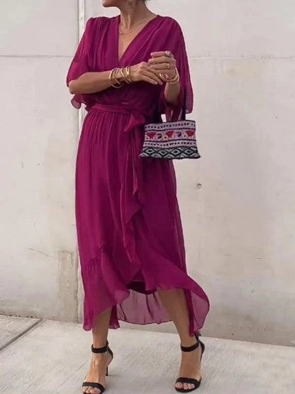 Florielle - Elegantes Kleid aus weichem Seidenstoff mit V-Ausschnitt und Gürtel für Frauen