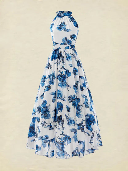 Florivie - Maxikleid aus Leinen, ärmellos, mit Halterneck, Blumenmuster, Vintage, weiß mit blauen Blumen