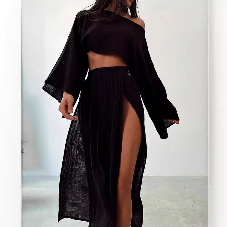 Alizenne - Leichtes und Elegantes Sommerensemble aus Leinen für den Urlaub, bestehend aus einem Langarm-Crop-Top mit weitem Schnitt und einem Maxi-Rock mit doppeltem seitlichen Schlitz
