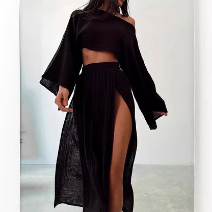 Alizenne - Leichtes und Elegantes Sommerensemble aus Leinen für den Urlaub, bestehend aus einem Langarm-Crop-Top mit weitem Schnitt und einem Maxi-Rock mit doppeltem seitlichen Schlitz