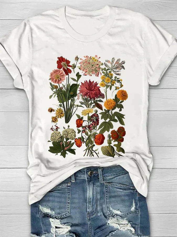 Azéline - Vintage T-Shirt für Frauen mit kurzen Ärmeln und floralem Druck