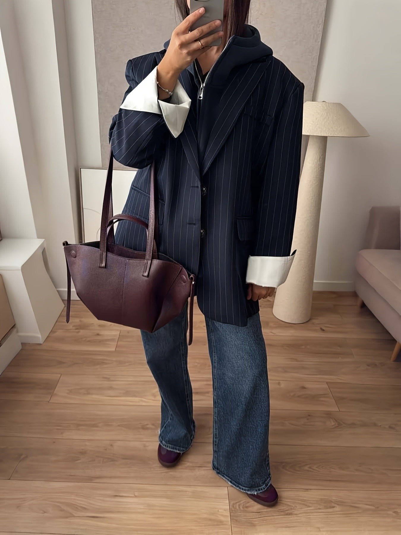 Alixane - Oversize Blazer gestreift Dunkelblau für Frauen mit Knöpfen – Frühlingsjacke