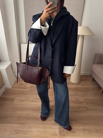 Alixane - Oversize Blazer gestreift Dunkelblau für Frauen mit Knöpfen – Frühlingsjacke