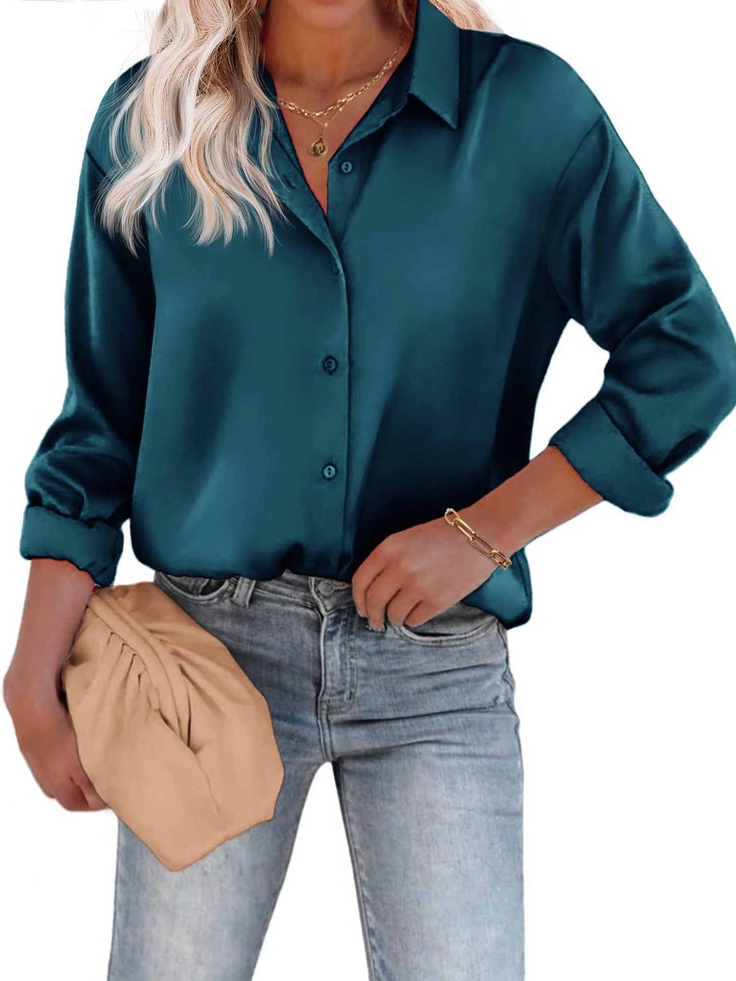 Amélina - Legere Bluse aus Farbensatin mit Knopfleiste und langen Ärmeln