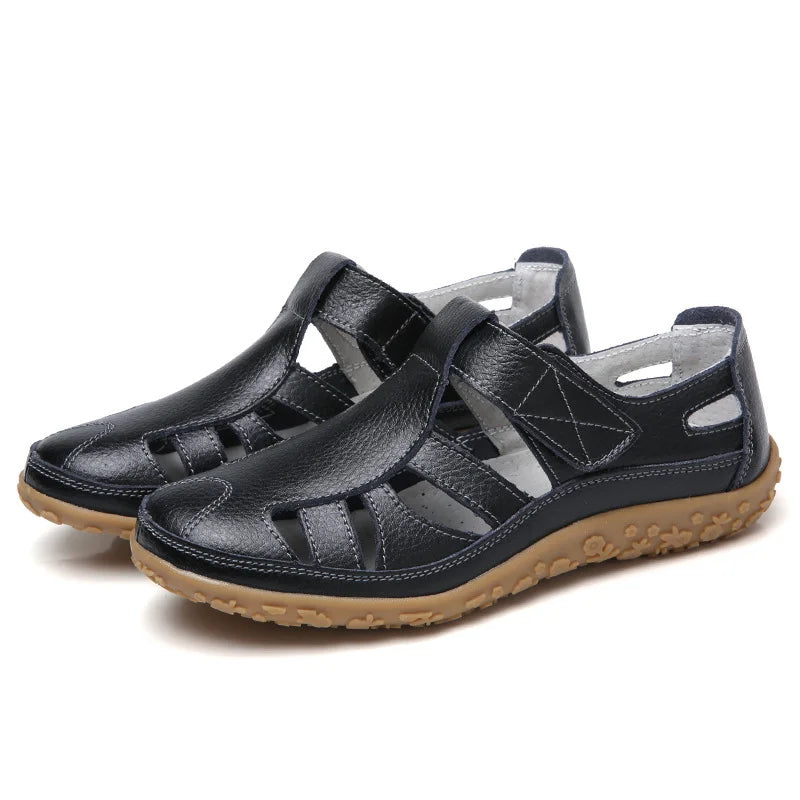 Bequeme Leder-Sandalen mit Klettverschluss – Atmungsaktive Sommer Schuhe für Damen