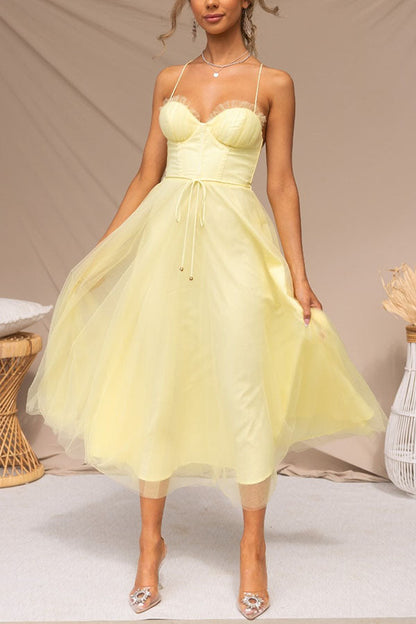 Aurélina - Midi Sommerkleid mit Korsett für Frauen, Tüllrock und Spaghetti-Träger