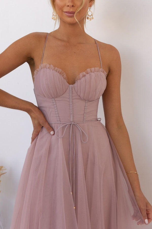 Aurélina - Midi Sommerkleid mit Korsett für Frauen, Tüllrock und Spaghetti-Träger