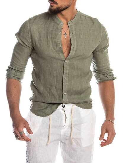 Lässiges Leinenhemd mit Stehkragen für Herren – Atmungsaktives Langarmshirt stilvoll & bequem