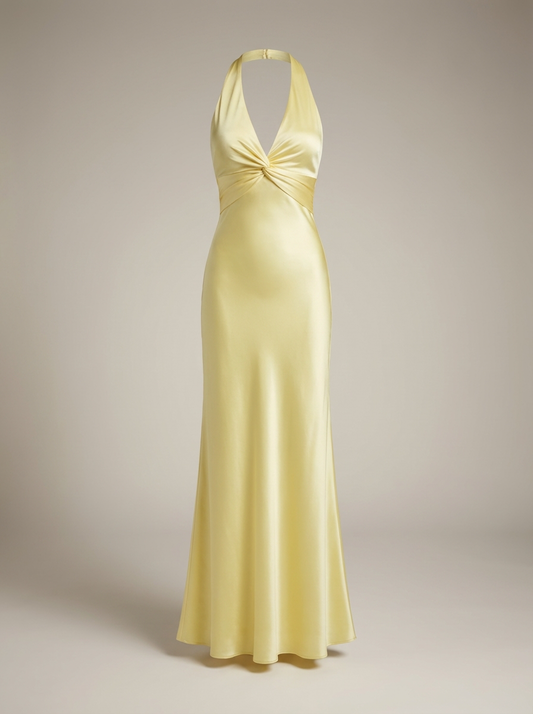 Elegantes Neckholder-Maxikleid für Damen – Satin Abendkleid mit Twist-Detail & fließender Silhouette