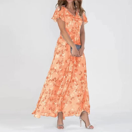 Fließendes Blumen-Maxikleid für Frauen mit V-Ausschnitt und femininem Schnitt