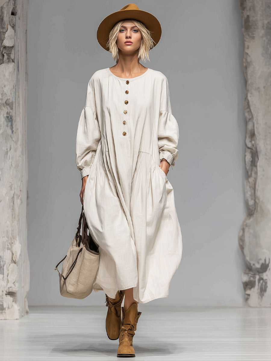Knopfleisten-Midikleid für Damen – Lockeres Boho Kleid mit Ballonärmeln & Praktischen Taschen
