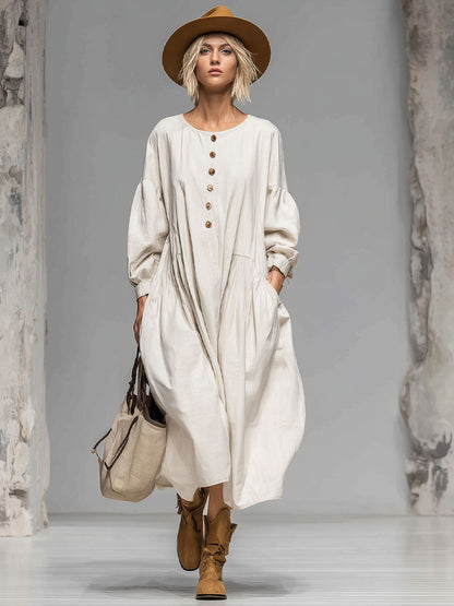 Knopfleisten-Midikleid für Damen – Lockeres Boho Kleid mit Ballonärmeln & Praktischen Taschen